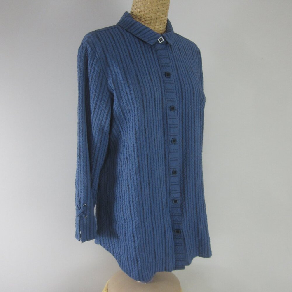 Habitat Womens M Blue Striped Seersucker Shirt Top Tunic 3/4 Sleeve Button Down